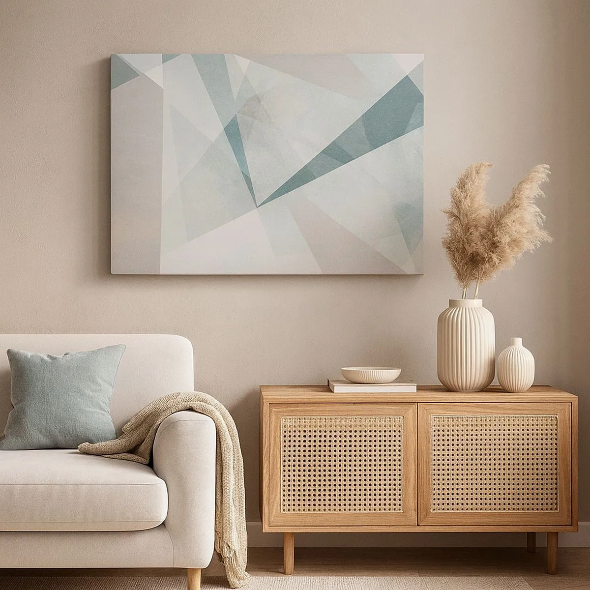 Tablou pe pânză Canvas - Forme geometrice în nuanțe pastelate de albastru și gri - 70x50cm - Calm și totuși dinamic - Decorațiune modernă pentru perete pentru living și dormitor ARTTOR