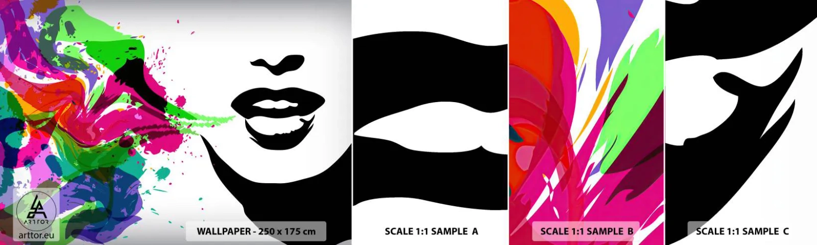 Mostră tapet autocolant Deluxe Sticker - O poveste în culorile curcubeului - Abstracția, Gură, Grafică colorată - 100x30 cm