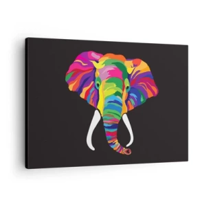 Tablou pe pânză Canvas - O imagine colorată a unui elefant pe un fundal negru - 70x50cm - Elefantul căruia îi plăcea să se scalde în curcubeu - Decorațiune modernă pentru perete pentru living și dormitor ARTTOR
