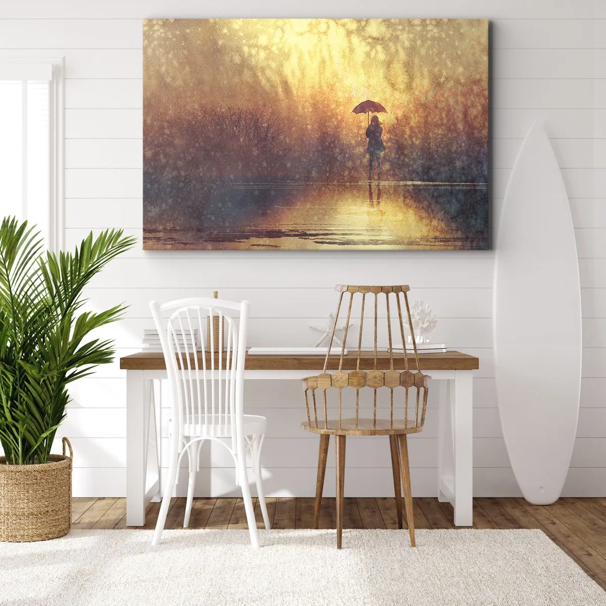 Tablou pe pânză Canvas - O figură cu o umbrelă într-un peisaj cețos plin de reflexii - 70x50cm - Simt că cineva se uită la mine - Decorațiune modernă pentru perete pentru living și dormitor ARTTOR