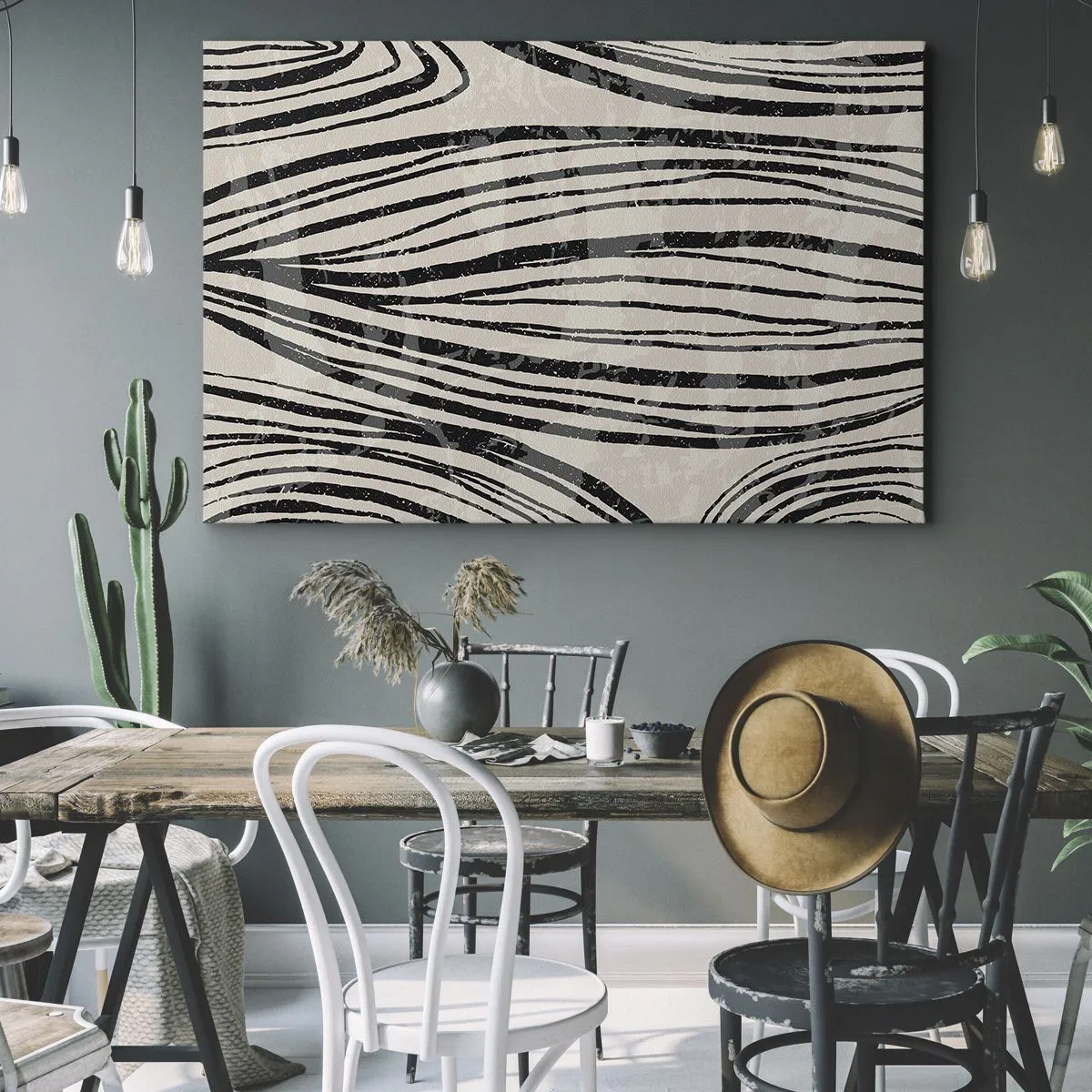 Tablou pe pânză Canvas - Valuri abstracte în nuanțe alb-negru - 70x50cm - Deversare de linii - Decorațiune modernă pentru perete pentru living și dormitor ARTTOR