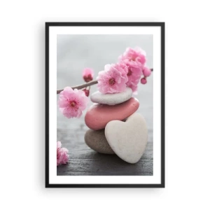 Poster în ramă neagră - Pietre în formă de inimă cu flori de cireș roz - 50x70cm - Fericirea florilor de cireș - Decorațiune modernă pentru perete pentru living și dormitor ARTTOR