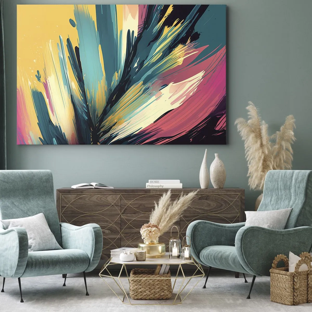 Tablou pe pânză Canvas - O compoziție abstractă în culori intense și contrastante. - 70x50cm - Compoziția - o explozie de bucurie - Decorațiune modernă pentru perete pentru living și dormitor ARTTOR