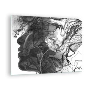 Tablou pe sticlă - Siluetă alb-negru a unei femei cu linii abstracte - 70x50cm - Încurcată în vise - Decorațiune modernă pentru perete pentru living și dormitor ARTTOR