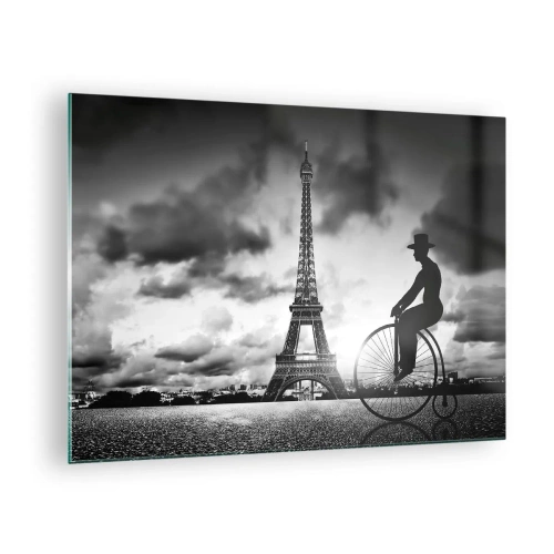 Tablou pe sticlă - Turnul Eiffel cu bicicletă retro în alb și negru - 70x50cm - Dorul de Belle Epoque - Decorațiune modernă pentru perete pentru living și dormitor ARTTOR