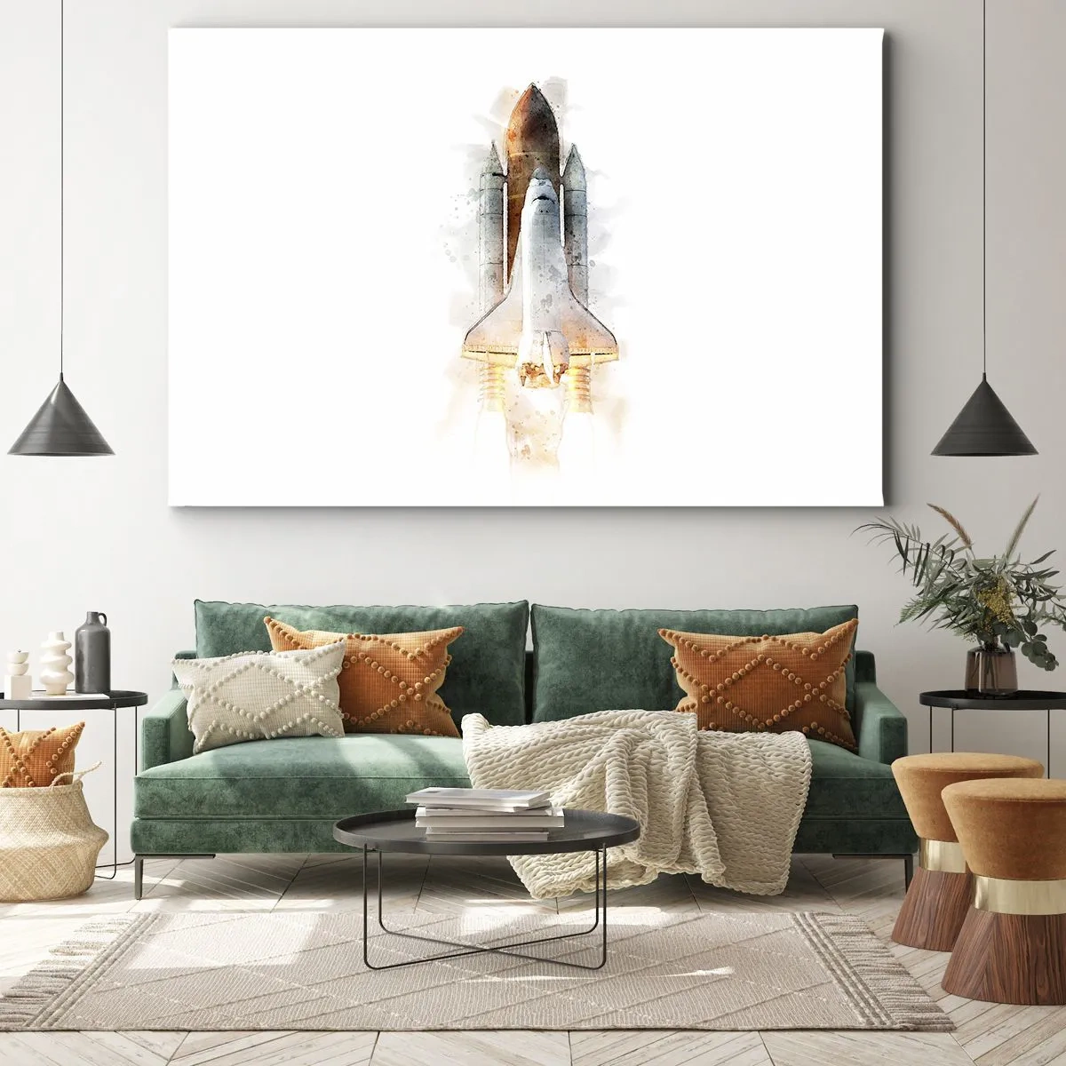 Tablou pe pânză Canvas - O interpretare artistică în acuarelă a unei navete spațiale care decolează - 70x50cm - Exploratorii la start - Decorațiune modernă pentru perete pentru living și dormitor ARTTOR