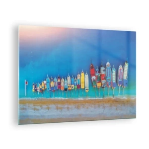 Tablou pe sticlă - Bărci colorate pe malul mării turcoaz - 70x50cm - Din perspectiva unei păsări - Decorațiune modernă pentru perete pentru living și dormitor ARTTOR