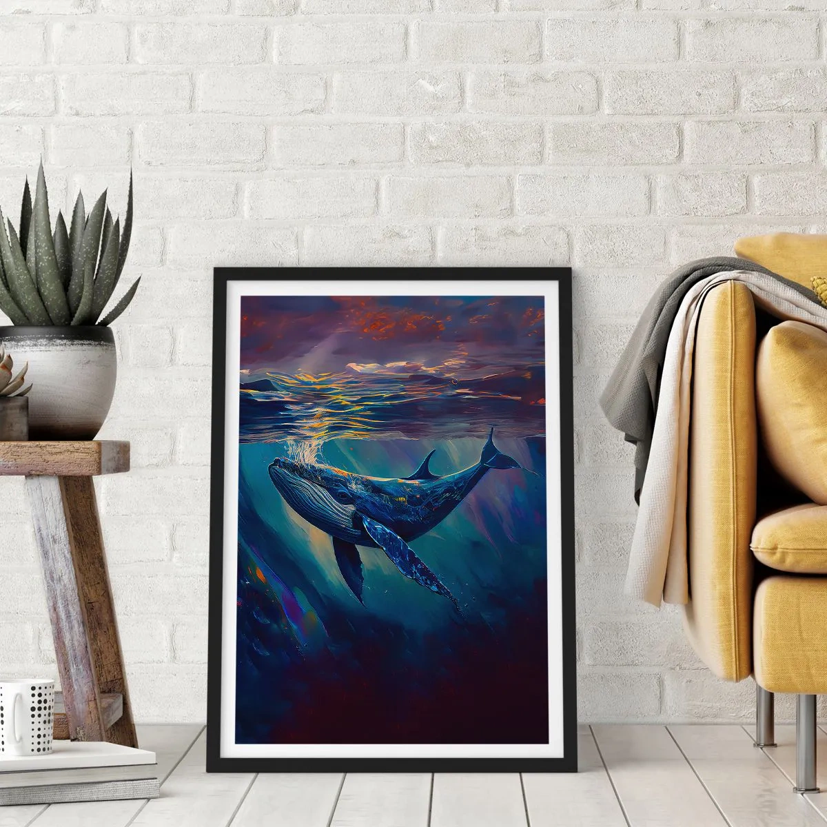 Poster în ramă neagră - O imagine sumbră a unei balene în lumina subacvatică - 50x70cm - Bun venit în lumea mea - Decorațiune modernă pentru perete pentru living și dormitor ARTTOR