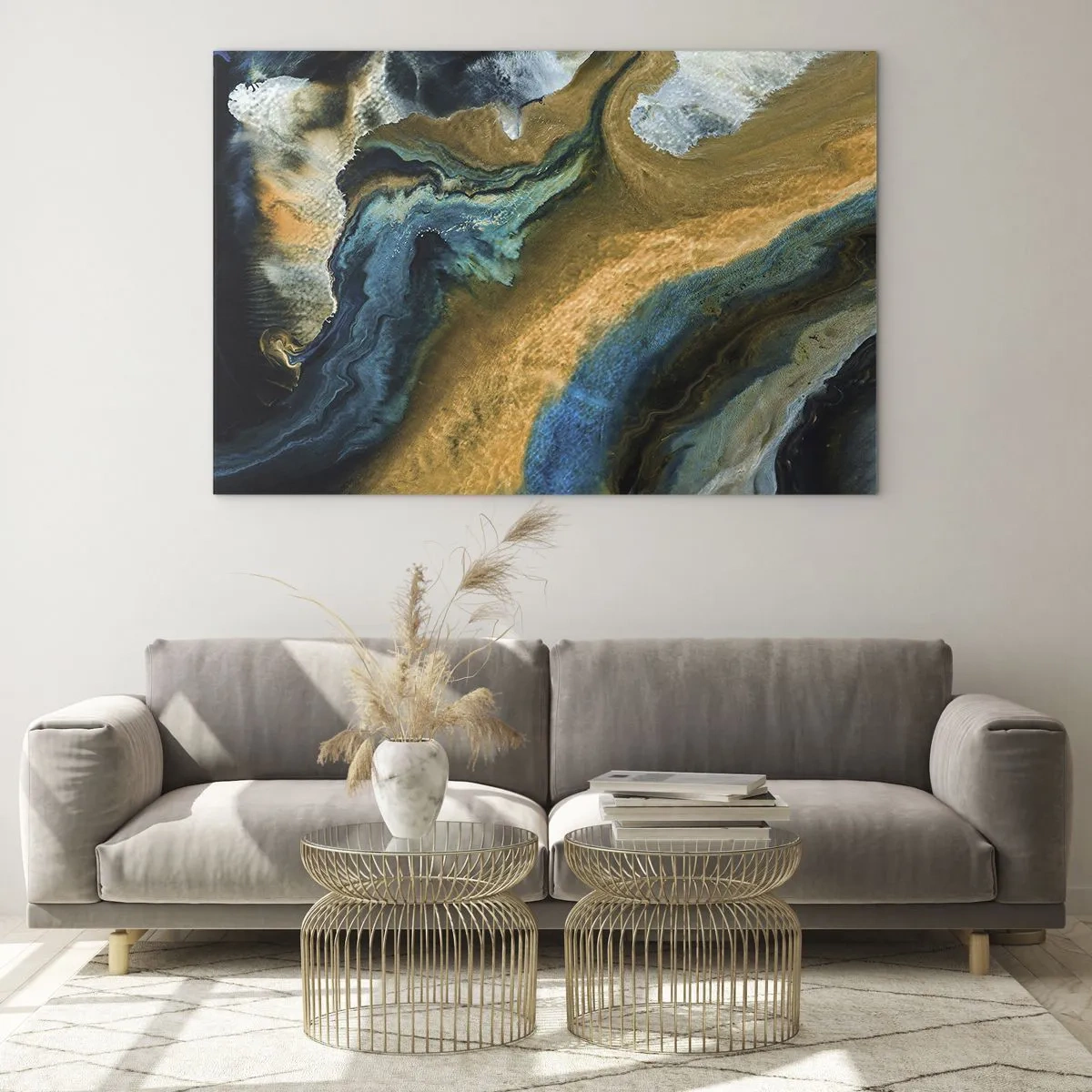 Tablou pe sticlă - Compoziție abstractă în nuanțe de albastru și auriu - 70x50cm - Albastru - galben - influență reciprocă - Decorațiune modernă pentru perete pentru living și dormitor ARTTOR