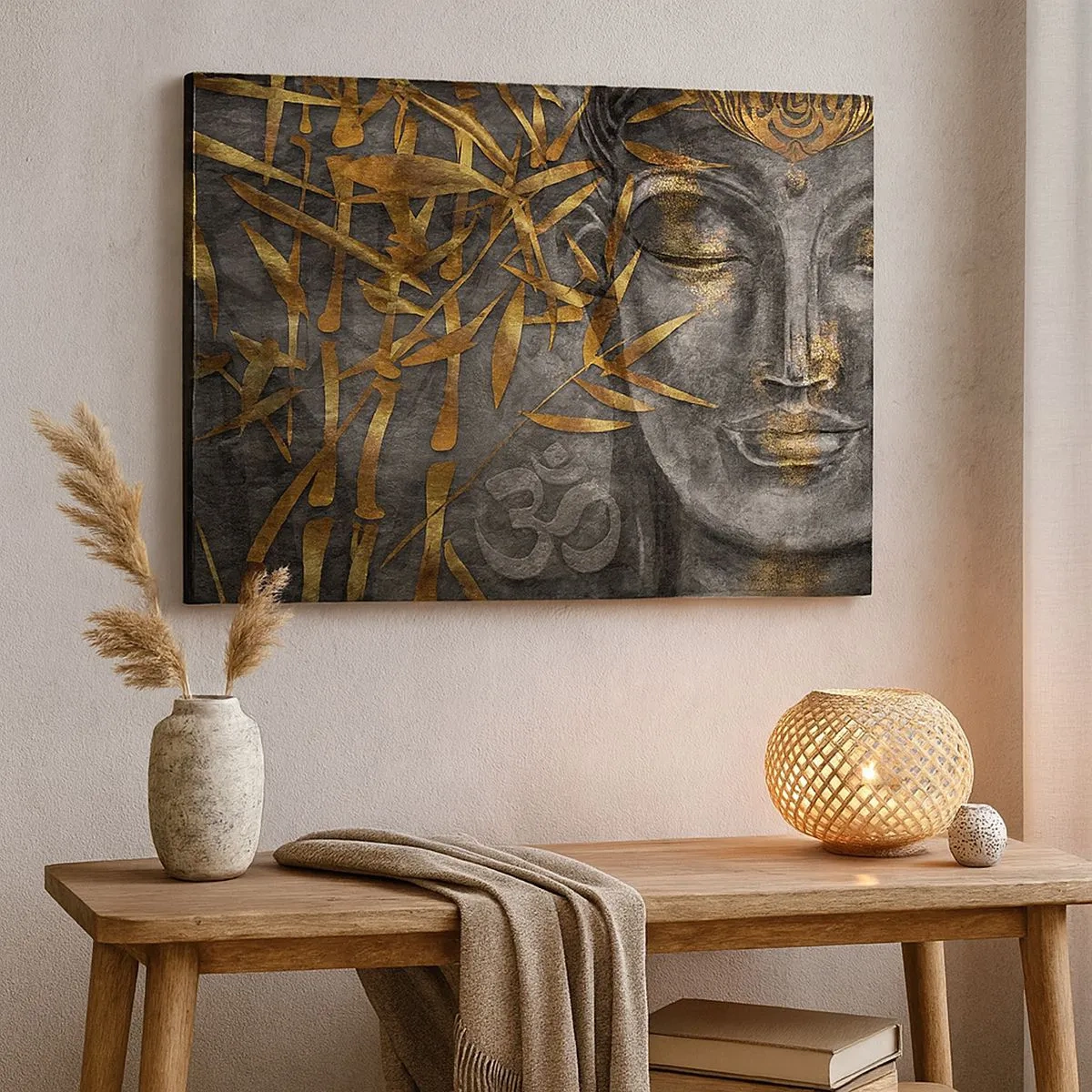 Tablou pe pânză Canvas - Imagine Zen a lui Buddha cu bambus auriu - 70x50cm - Simțiți pacea - Decorațiune modernă pentru perete pentru living și dormitor ARTTOR
