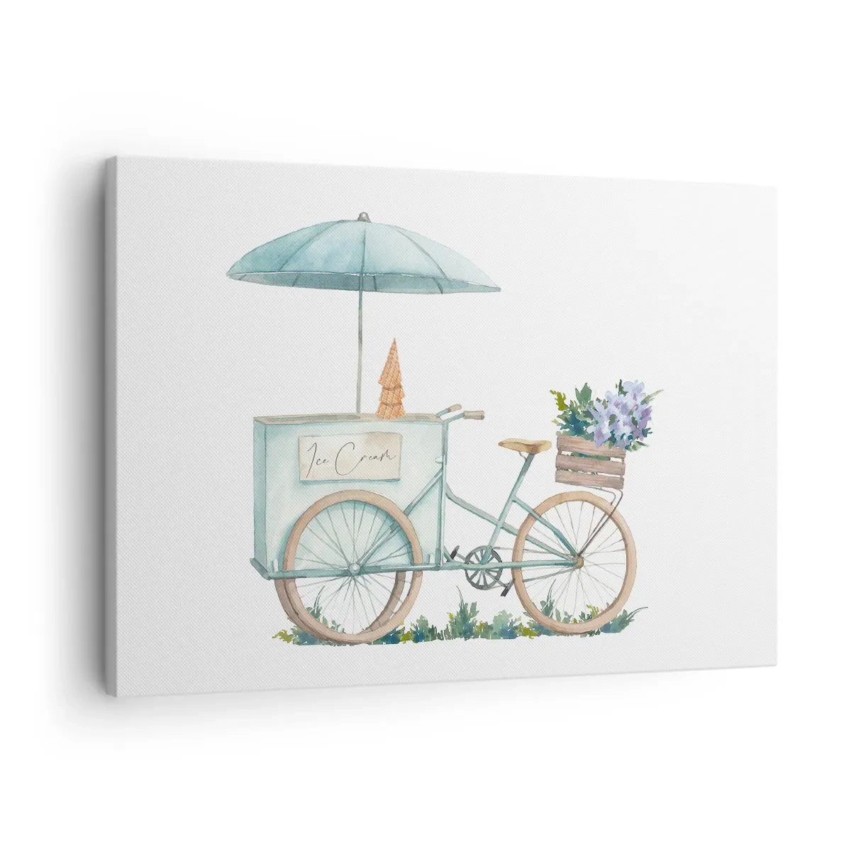 Tablou pe pânză Canvas - O bicicletă cu înghețată și flori sub o umbrelă în culori pastelate delicate - 70x50cm - O dulce amintire de vară - Decorațiune modernă pentru perete pentru living și dormitor ARTTOR
