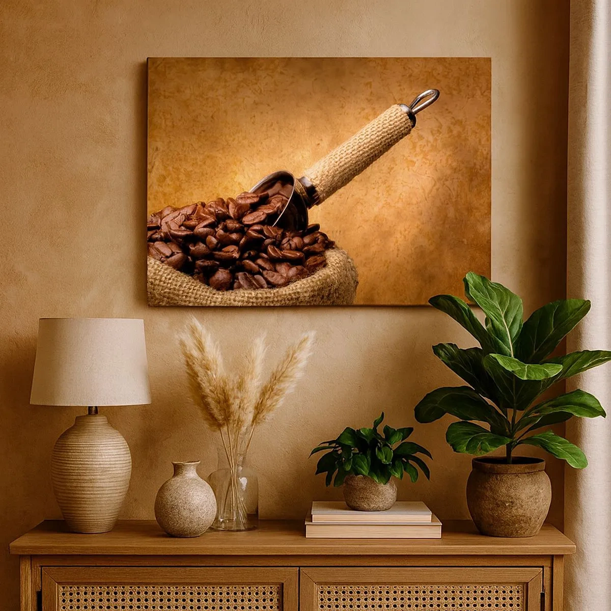 Tablou pe pânză Canvas - Boabe de cafea într-o pungă de iută cu o lingură de metal - 70x50cm - La sursa gustului - Decorațiune modernă pentru perete pentru living și dormitor ARTTOR