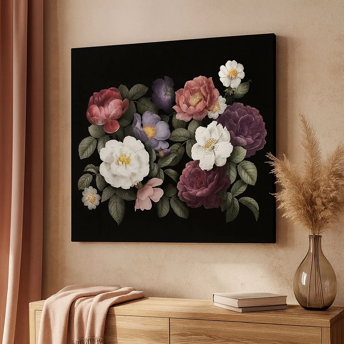Tablou pe pânză Canvas - Flori în diferite culori pe fundal negru - 70x50cm - Dintr-o grădină engleză - Decorațiune modernă pentru perete pentru living și dormitor ARTTOR