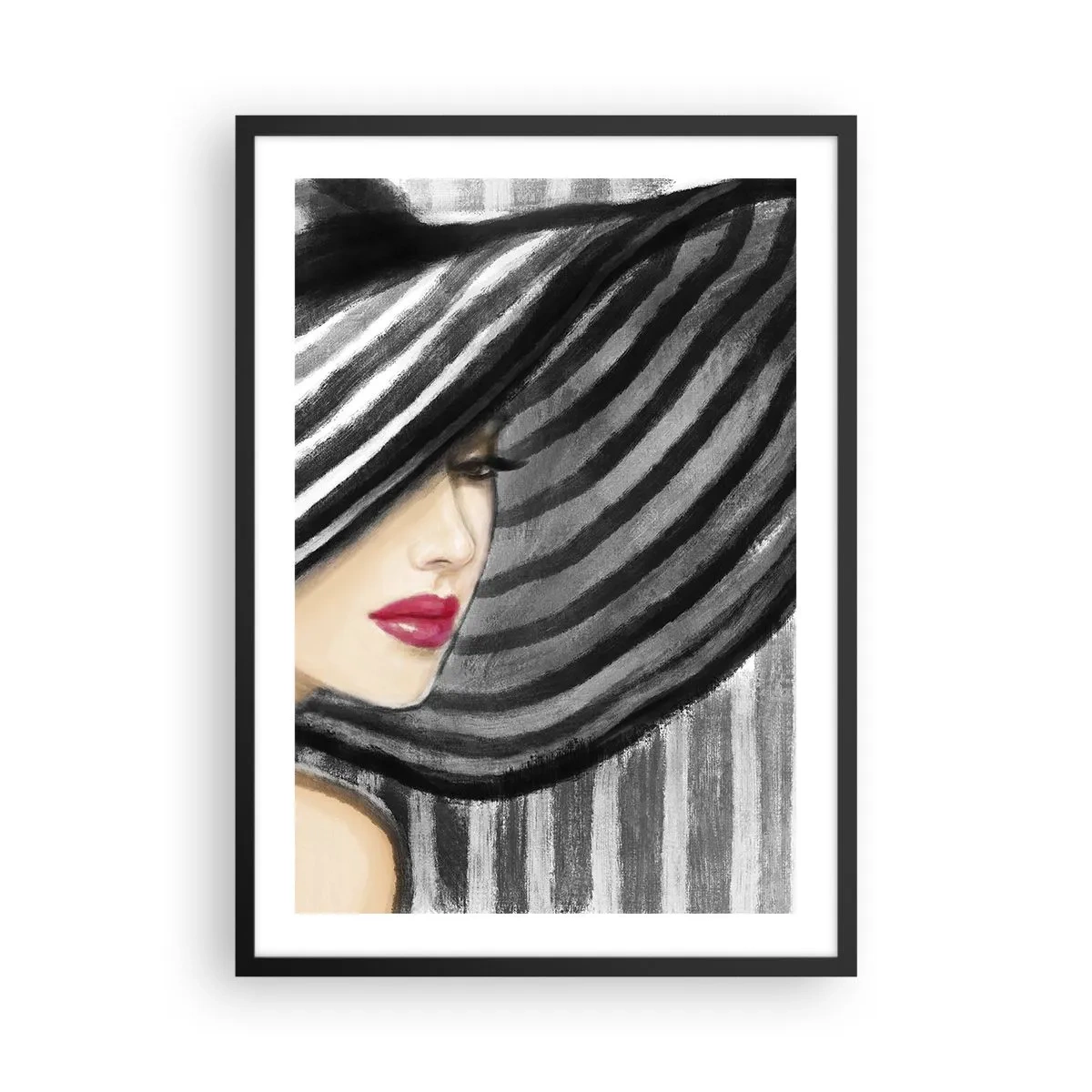 Poster în ramă neagră - O femeie cu o pălărie largă și buze roșii - 50x70cm - Unde te pot găsi? - Decorațiune modernă pentru perete pentru living și dormitor ARTTOR