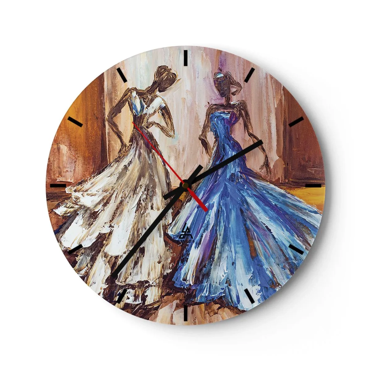 Ceas de perete - Ceas pe sticlă - Două femei în rochii artistice, în stil pictural - 30x30cm - Duetul fermecător - Decorațiune modernă pentru perete pentru living, bucătărie și dormitor ARTTOR