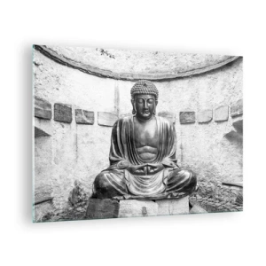 Tablou pe sticlă - Statuie alb-negru a lui Buddha într-o poză meditativă - 70x50cm - La sursa păcii - Decorațiune modernă pentru perete pentru living și dormitor ARTTOR