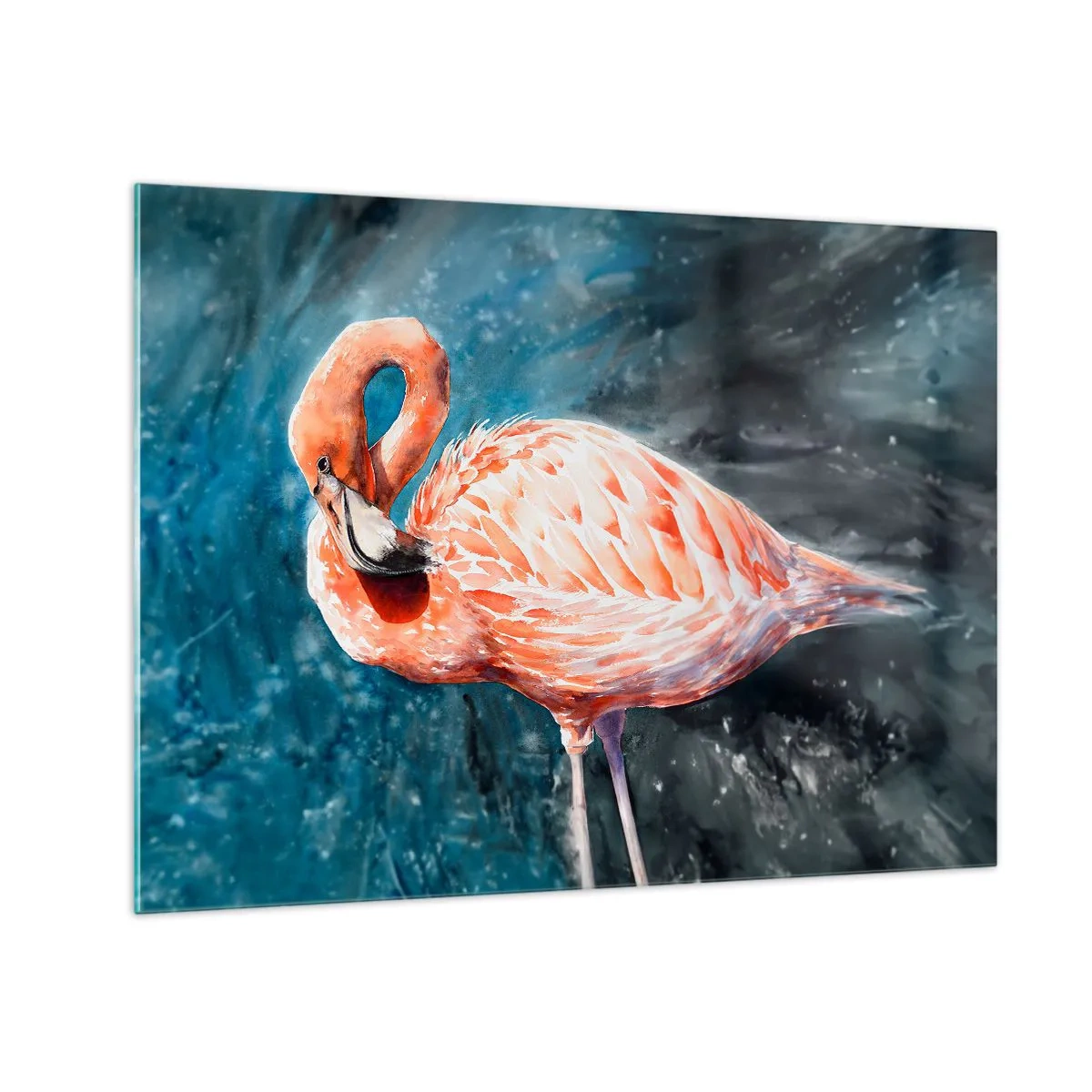 Tablou pe sticlă - Un flamingo roz pe un fundal albastru de acuarelă - 70x50cm - Decorativ prin natură - Decorațiune modernă pentru perete pentru living și dormitor ARTTOR