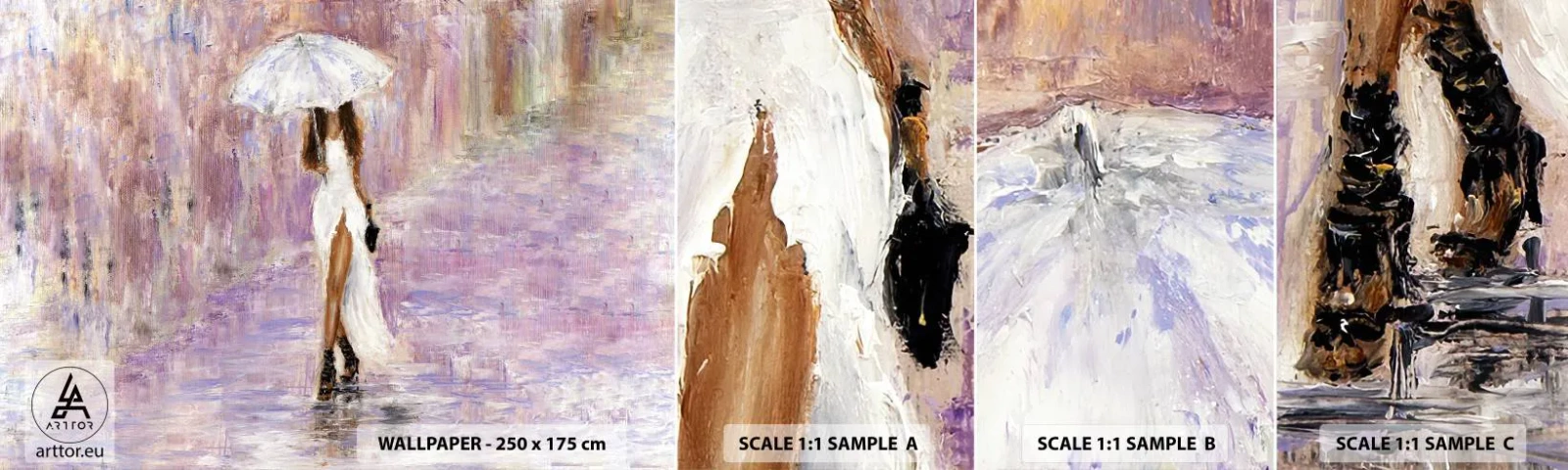 Mostră de Tapet Standard Eco - În ploaia de liliac - Femeie, Modă, Plimbare in ploaie - 100x30 cm