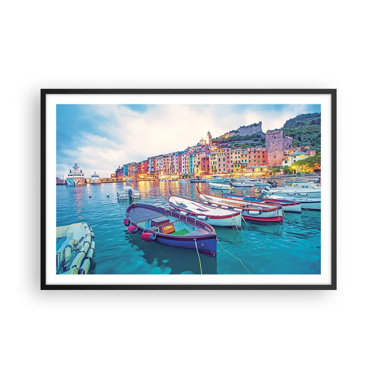 Poster în ramă neagră - O seară plină de culoare în port - 91x61 cm