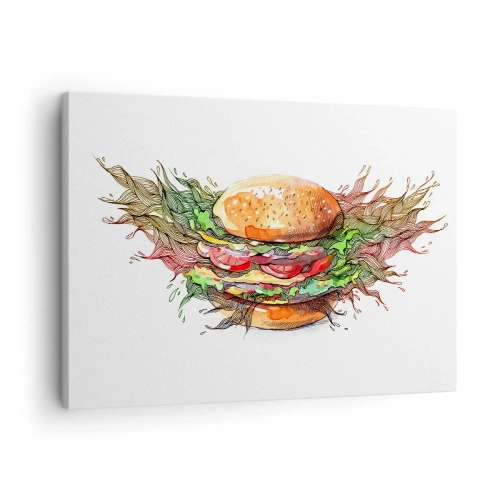Tablou pe pânză Canvas - Ilustrație artistică a unui burger cu elemente dinamice - 70x50cm - Tentație fierbinte - Decorațiune modernă pentru perete pentru living și dormitor ARTTOR
