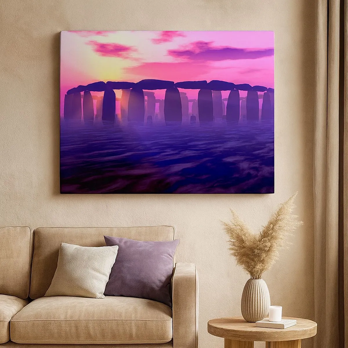 Tablou pe pânză Canvas - Cerc de piatră la apus cu un cer violet - 70x50cm - Mister în zori de zi în ceață - Decorațiune modernă pentru perete pentru living și dormitor ARTTOR