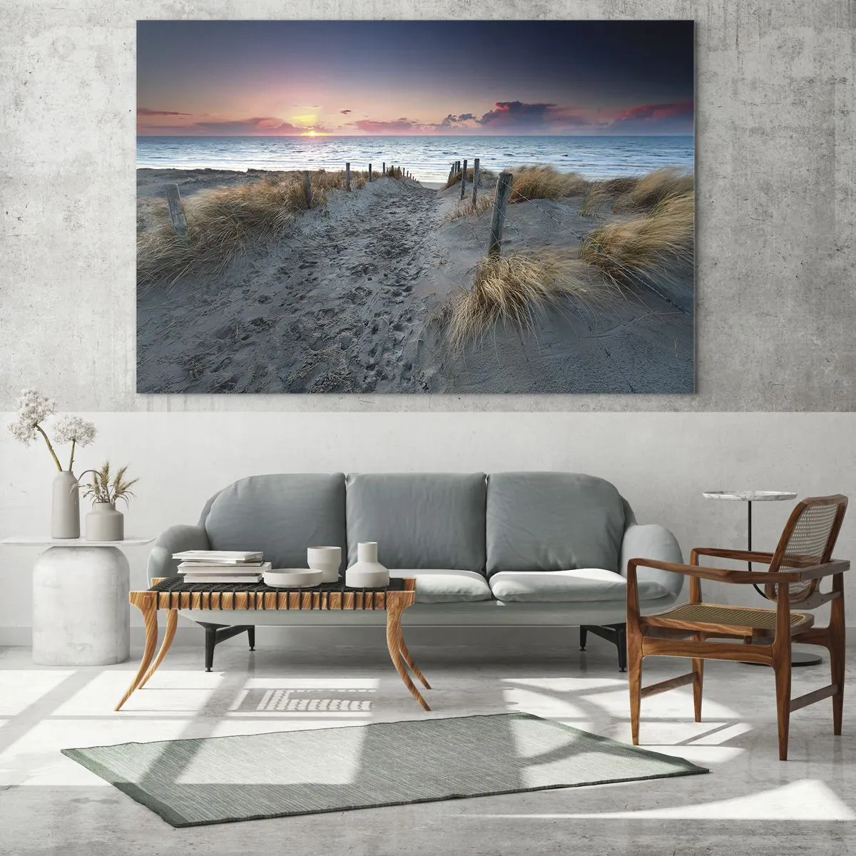 Tablou pe sticlă - Cale prin dune care duce la mare la apus - 70x50cm - Ai revărsat un curcubeu cu splendoare radiantă... - Decorațiune modernă pentru perete pentru living și dormitor ARTTOR