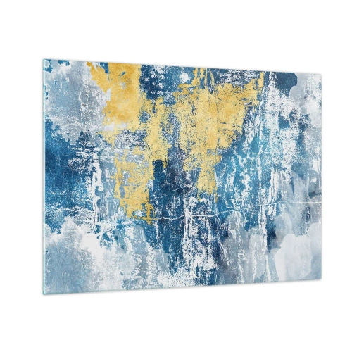 Tablou pe sticlă - Abstracție albastră și galbenă cu efect texturat și distrus - 70x50cm - Abstracție de vreme - Decorațiune modernă pentru perete pentru living și dormitor ARTTOR