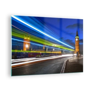 Tablou pe sticlă - Big Ben noaptea cu luminile mașinii neclare - 70x50cm - Sub ochiul lui Big Ben - Decorațiune modernă pentru perete pentru living și dormitor ARTTOR