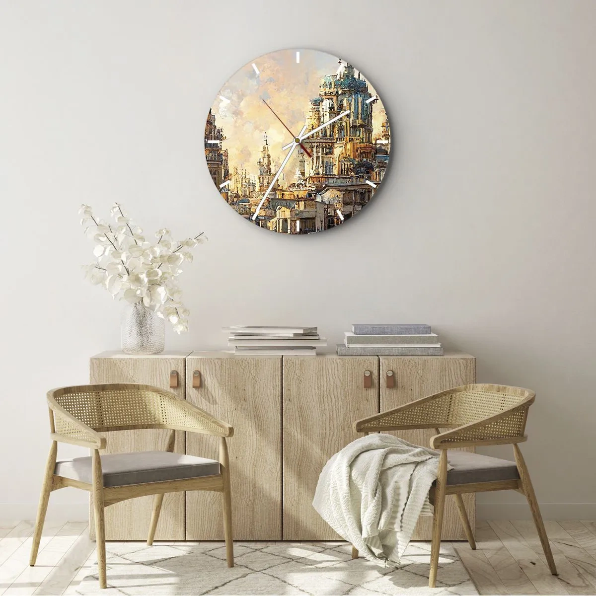 Ceas de perete - Ceas pe sticlă - Turnurile și clădirile unui oraș fantastic la apus - 30x30cm - Orașul tuturor orașelor - Decorațiune modernă pentru perete pentru living, bucătărie și dormitor ARTTOR