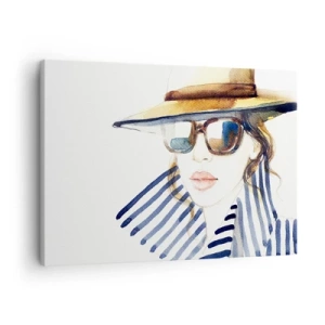 Tablou pe pânză Canvas - Portretul unei femei cu pălărie și ochelari de soare - 70x50cm - Bun venit la Florida! - Decorațiune modernă pentru perete pentru living și dormitor ARTTOR