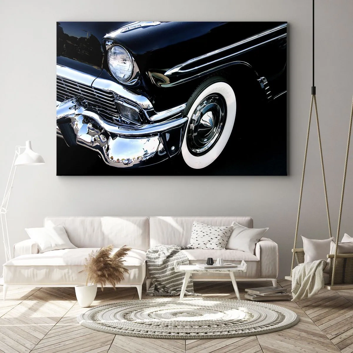 Tablou pe pânză Canvas - Prim-plan de mașină clasică neagră cu faruri și aripi - 70x50cm - Clasicul în argintiu, negru și alb - Decorațiune modernă pentru perete pentru living și dormitor ARTTOR