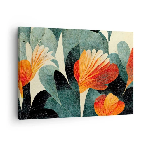 Tablou pe pânză Canvas - Flori în nuanțe intense de portocaliu și verde - 70x50cm - Căldura de la tropice și răcoarea verdeței - Decorațiune modernă pentru perete pentru living și dormitor ARTTOR