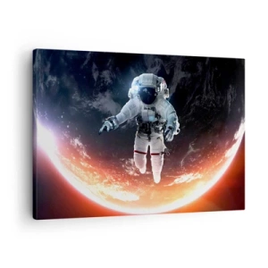 Tablou pe pânză Canvas - Un astronaut plutind deasupra unui Pământ luminat de soare - 70x50cm - Pot să mai stau un pic? - Decorațiune modernă pentru perete pentru living și dormitor ARTTOR