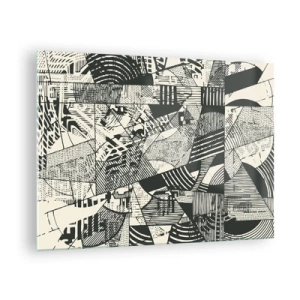 Tablou pe sticlă - Abstracție alb-negru cu modele geometrice dinamice - 70x50cm - Dinamica de astăzi - Decorațiune modernă pentru perete pentru living și dormitor ARTTOR