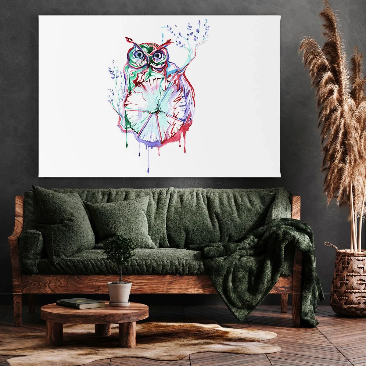 Tablou pe pânză Canvas - Bufniță colorată în acuarelă, într-un stil artistic - 70x50cm - Deșteaptă prin natura - Decorațiune modernă pentru perete pentru living și dormitor ARTTOR