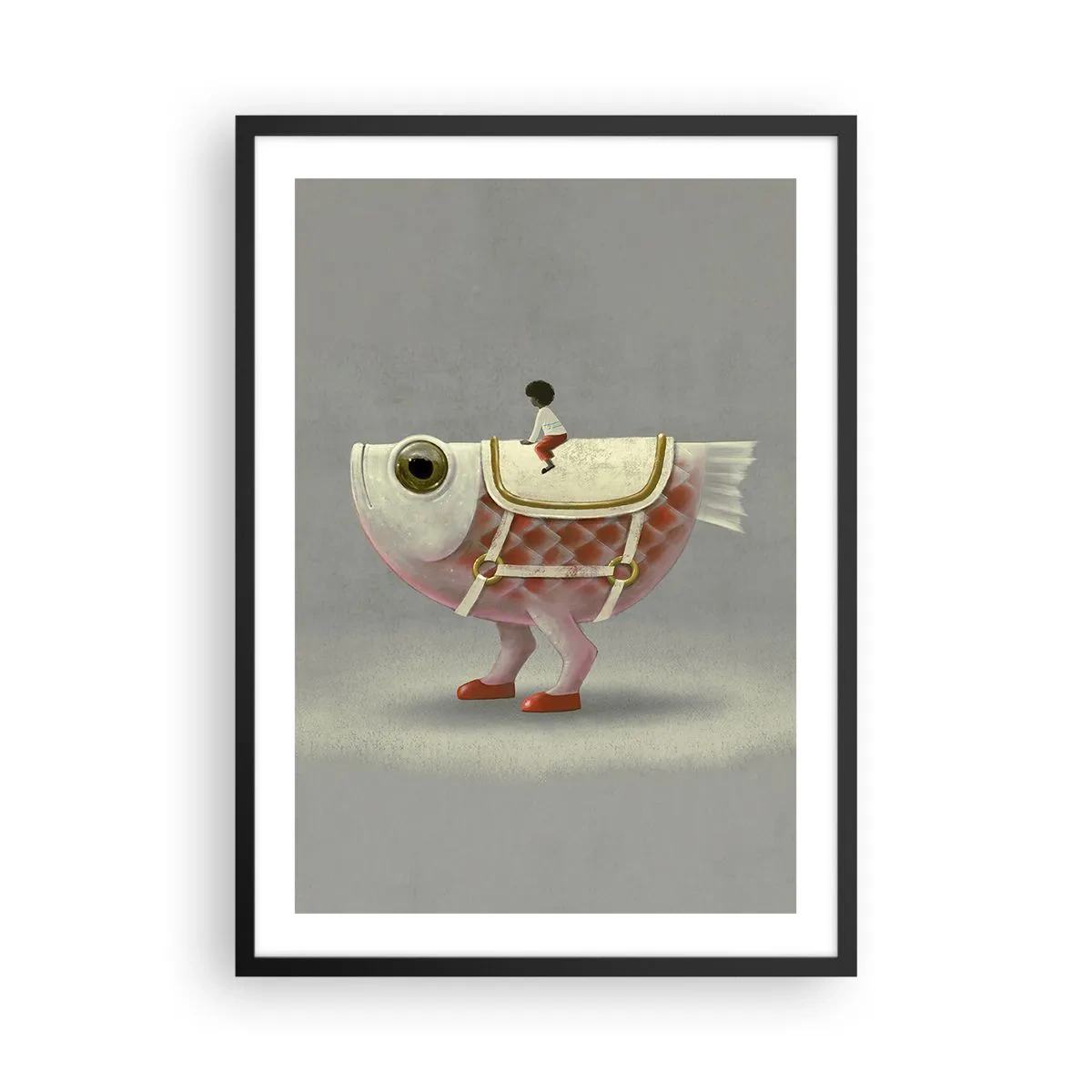 Poster în ramă neagră - Un pește fantastic cu o șa și o figură pe un fundal gri - 50x70cm - Călărețul Pescărel - Decorațiune modernă pentru perete pentru living și dormitor ARTTOR