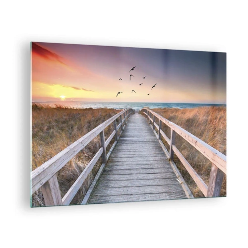 Tablou pe sticlă - O pasarelă de lemn peste dune care duce la plajă la apus - 70x50cm - Spațiul pentru a zbura - Decorațiune modernă pentru perete pentru living și dormitor ARTTOR