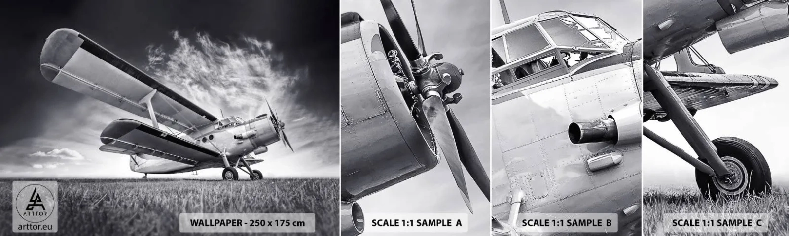 Mostră de Tapet Standard Eco - Rătăcitorul înaripat - Avion, Avioane, alb-negru - 100x30 cm