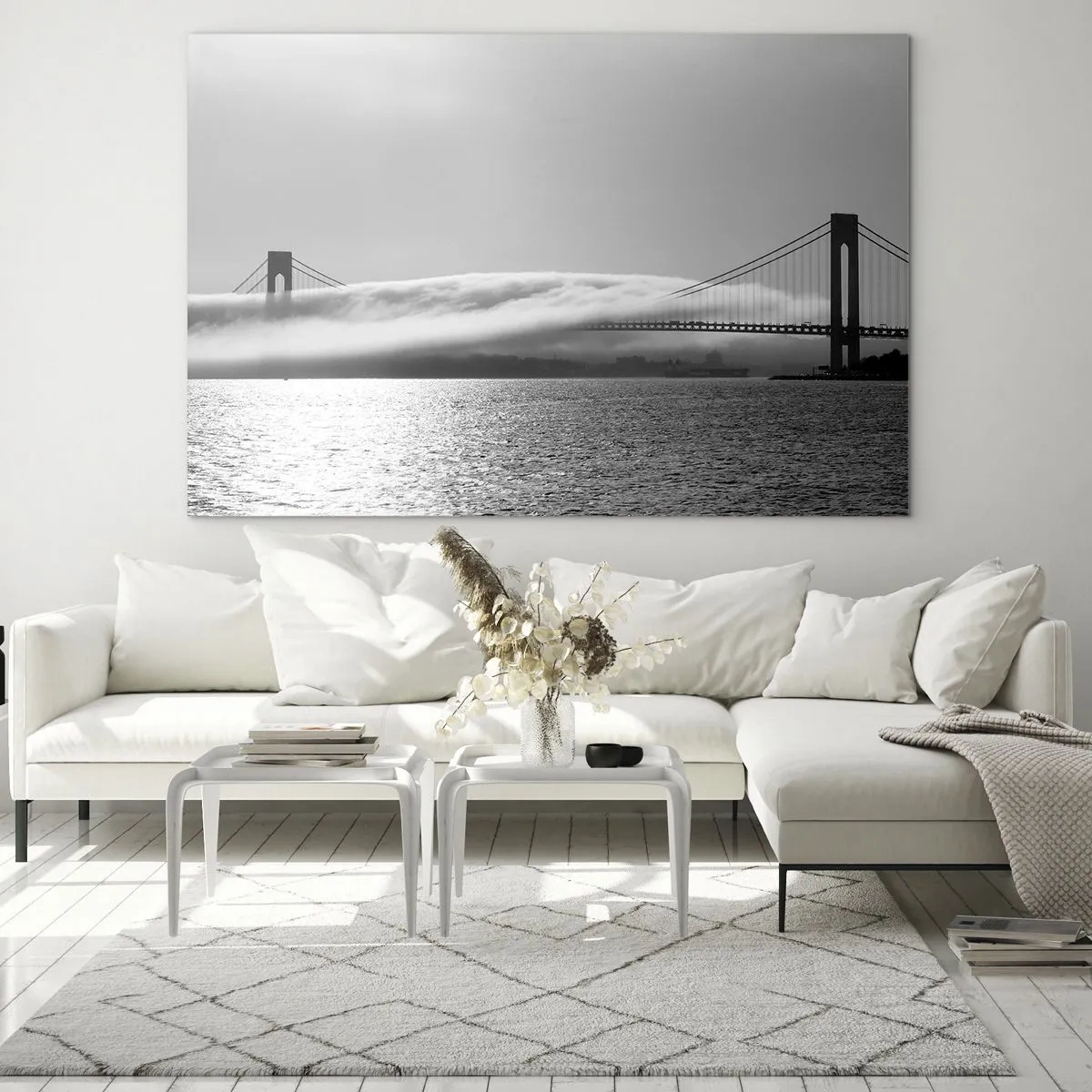 Tablou pe sticlă - Un pod în alb și negru cu ceață deasupra apei - 70x50cm - Să trecem prin Golden Gate - Decorațiune modernă pentru perete pentru living și dormitor ARTTOR
