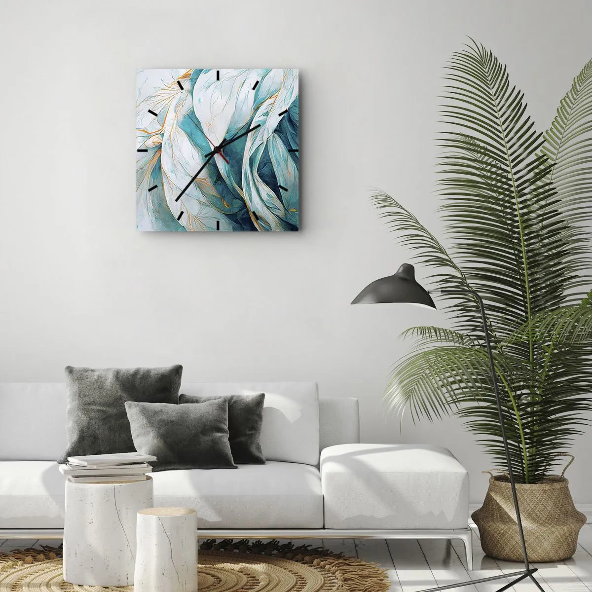 Ceas de perete - Ceas pe sticlă - Abstractul albastru cu motiv auriu - 30x30 cm
