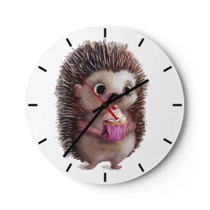 Ceas de perete - Ceas pe sticlă - Un arici drăguț care ține o brioșă colorată - 30x30cm - Fiecare zi este o sărbătoare - Decorațiune modernă pentru perete pentru living, bucătărie și dormitor ARTTOR