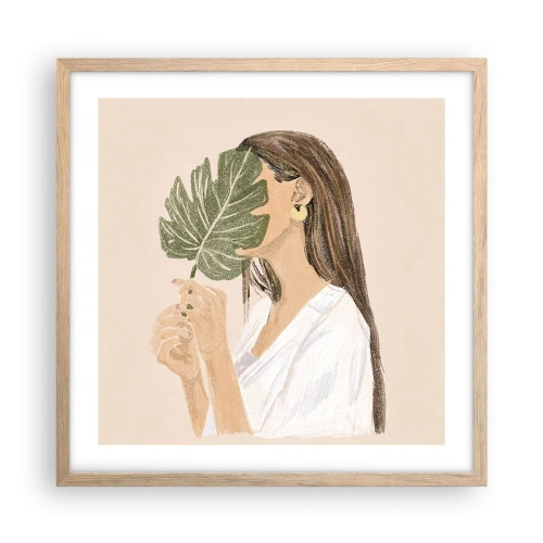 Poster în ramă de stejar deschis - Portret misterios cu un evantai - 50x50 cm