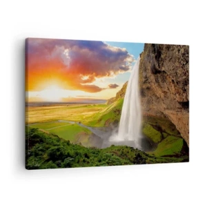 Tablou pe pânză Canvas - cascadă într-un peisaj pitoresc la apus - 70x50cm - Vara plină de Islanda - Decorațiune modernă pentru perete pentru living și dormitor ARTTOR