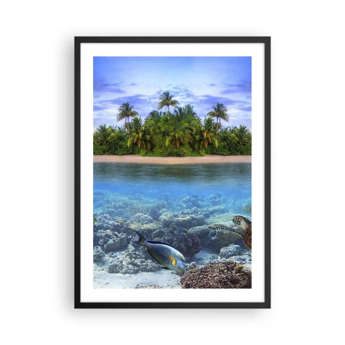 Poster în ramă neagră - insulă tropicală cu recif de corali și pești exotici. - 50x70cm - Insula paradisiacă vă invită - Decorațiune modernă pentru perete pentru living și dormitor ARTTOR