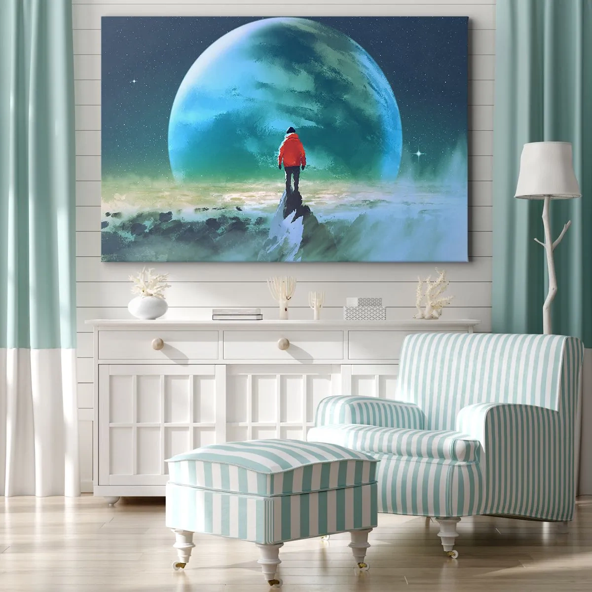 Tablou pe pânză Canvas - Un bărbat într-o jachetă roșie stă în fața unei planete mari cu stele în fundal. - 70x50cm - Descoperitorul unui nou ținut - Decorațiune modernă pentru perete pentru living și dormitor ARTTOR