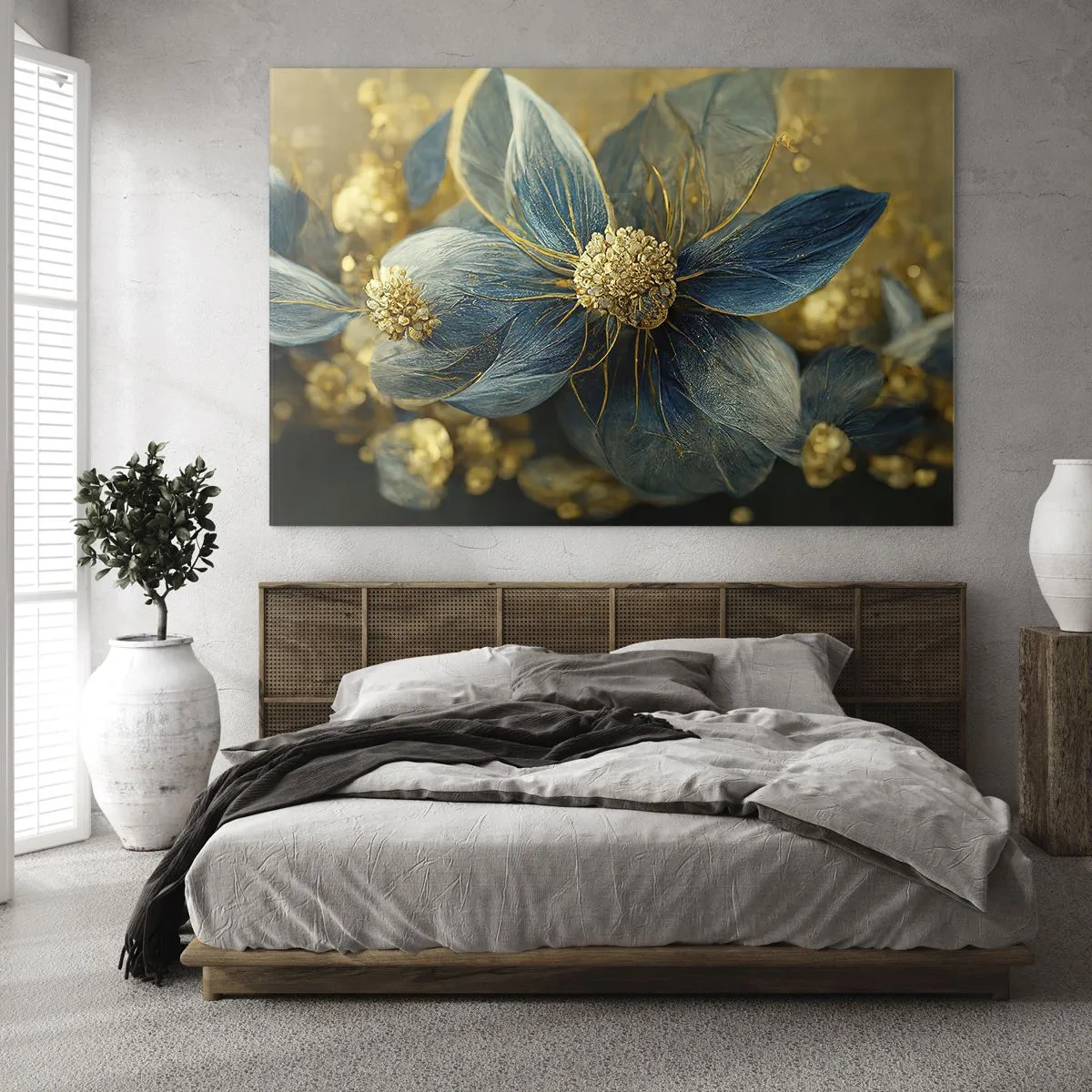 Tablou pe sticlă - Flori albastre și aurii cu o notă de lux - 70x50cm - Floare cu aur - Decorațiune modernă pentru perete pentru living și dormitor ARTTOR