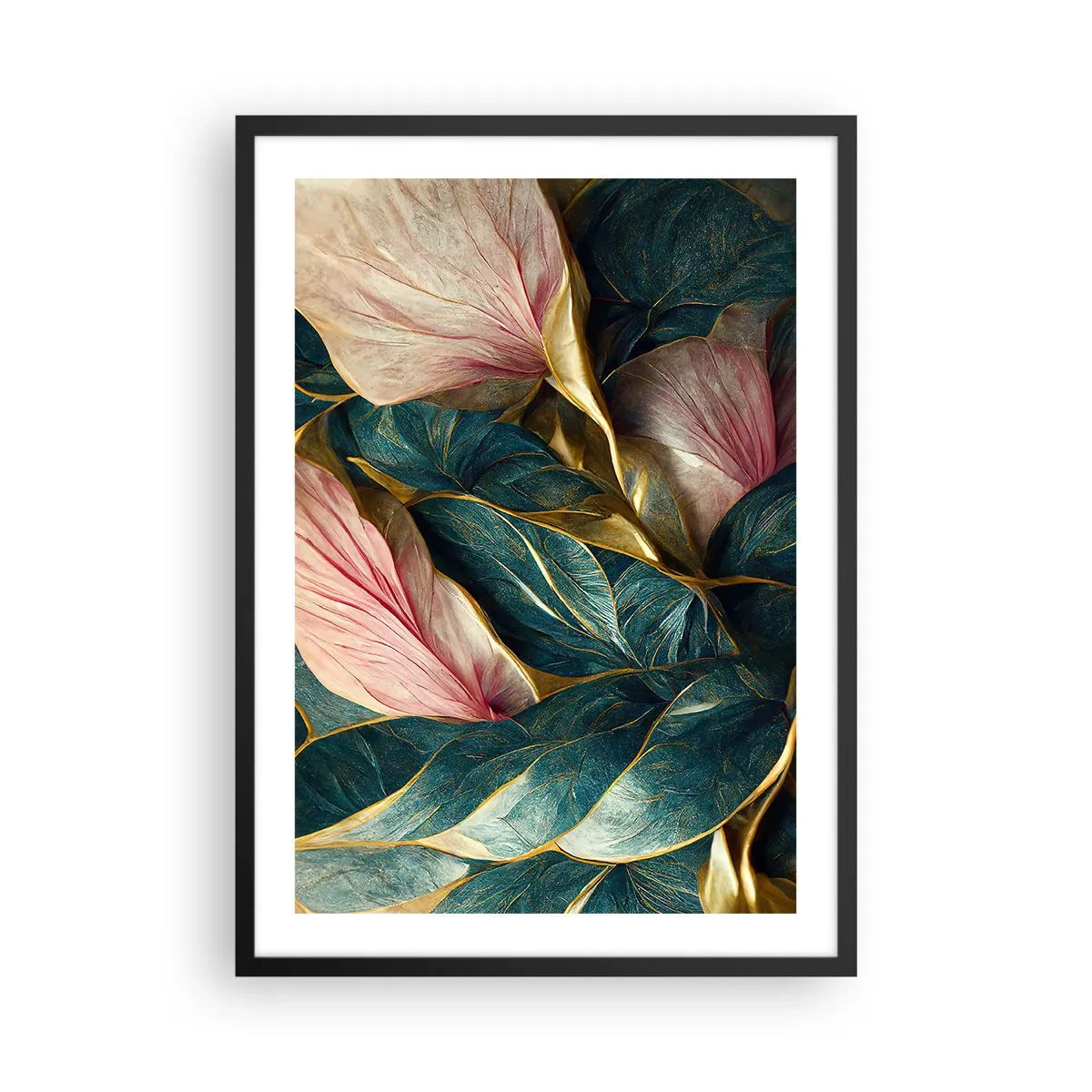 Poster în ramă neagră - O compoziție elegantă de frunze în nuanțe de verde, auriu și roz - 50x70cm - Eleganța naturală și stil - Decorațiune modernă pentru perete pentru living și dormitor ARTTOR