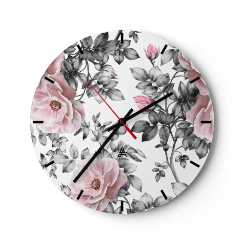 Ceas de perete - Ceas pe sticlă - Trandafiri roz cu frunze albe și negre - 30x30cm - Pierde-te în florile de trandafir - Decorațiune modernă pentru perete pentru living, bucătărie și dormitor ARTTOR
