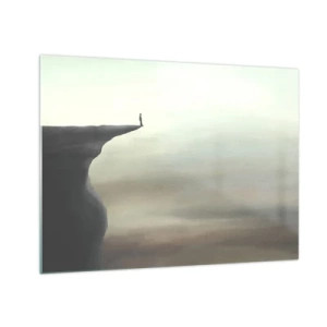 Tablou pe sticlă - Silueta unei persoane care stă pe marginea unei stânci deasupra ceții - 70x50cm - În sus, bineînțeles! - Decorațiune modernă pentru perete pentru living și dormitor ARTTOR