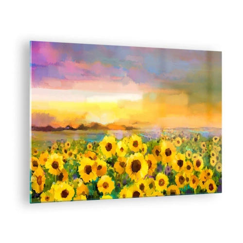 Tablou pe sticlă - Un câmp de floarea-soarelui în lumina soarelui care apune - 70x50cm - Soarele însuși a coborât pe pământ - Decorațiune modernă pentru perete pentru living și dormitor ARTTOR